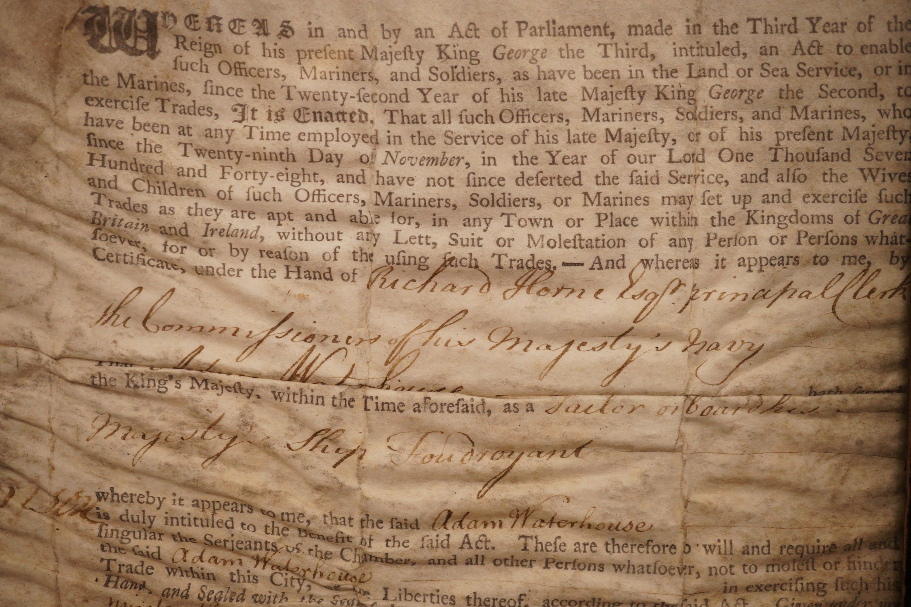 A framed Press Gang exemption for Adam Waterhouse of HMS Foudroyant, dated 1763